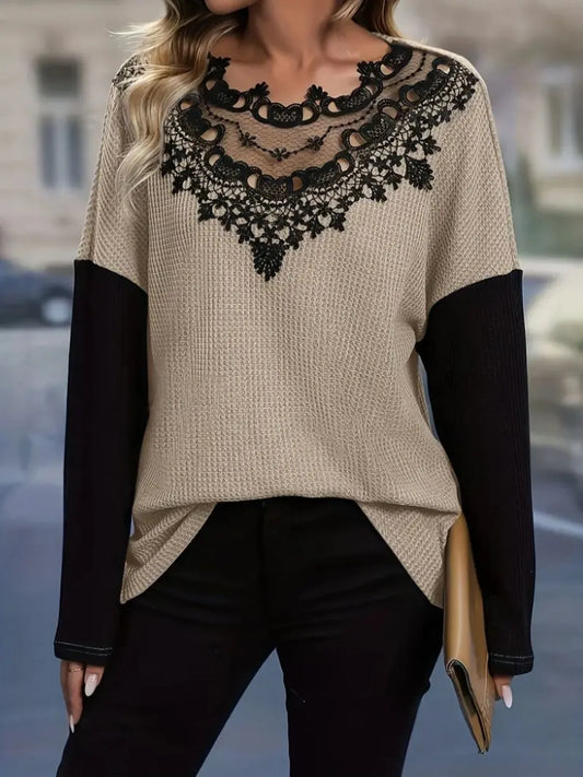 Contrast Lace Round Neck Long Sleeve T-Shirt - Treasured Gift's & More