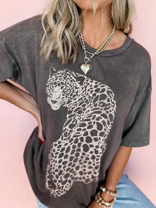 Cheetah Mineral Wash Round Neck Half Sleeve T-Shirt - Treasured Gift's & More