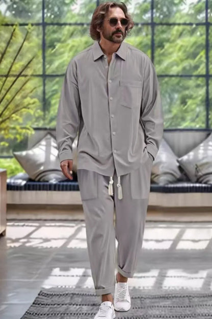 Men's Collared Neck Long Sleeve Top and Pants Set Plus Size - Treasured Gift's & More