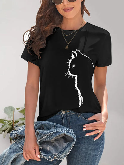 Cat Round Neck Short Sleeve T-Shirt - Treasured Gift's & More