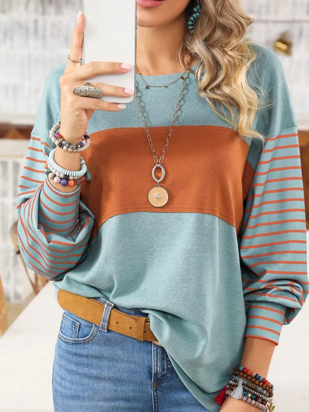 Round Neck Striped Long Sleeve Slit T-Shirt - Treasured Gift's & More