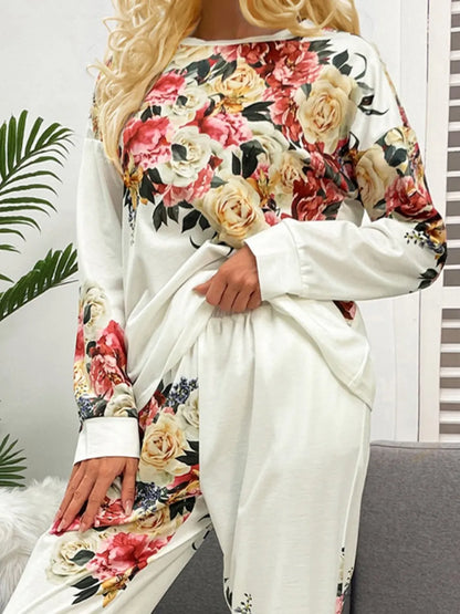Shiny Printed Round Neck Top and Pants Lounge Set - Treasured Gift's & More