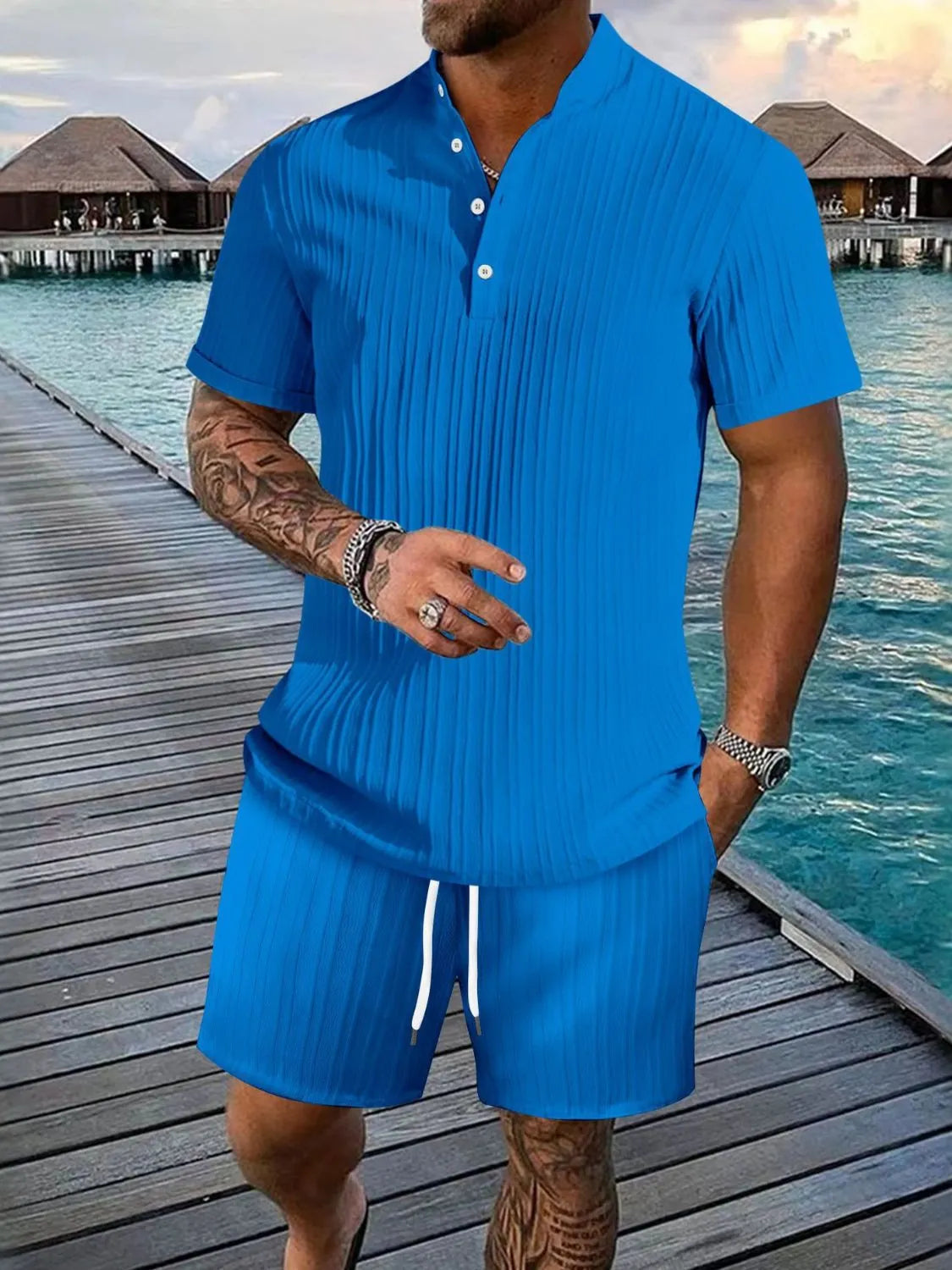 Men's Full Size Button Detail Short Sleeve Top and Shorts Set Plus Size - Treasured Gift's & More