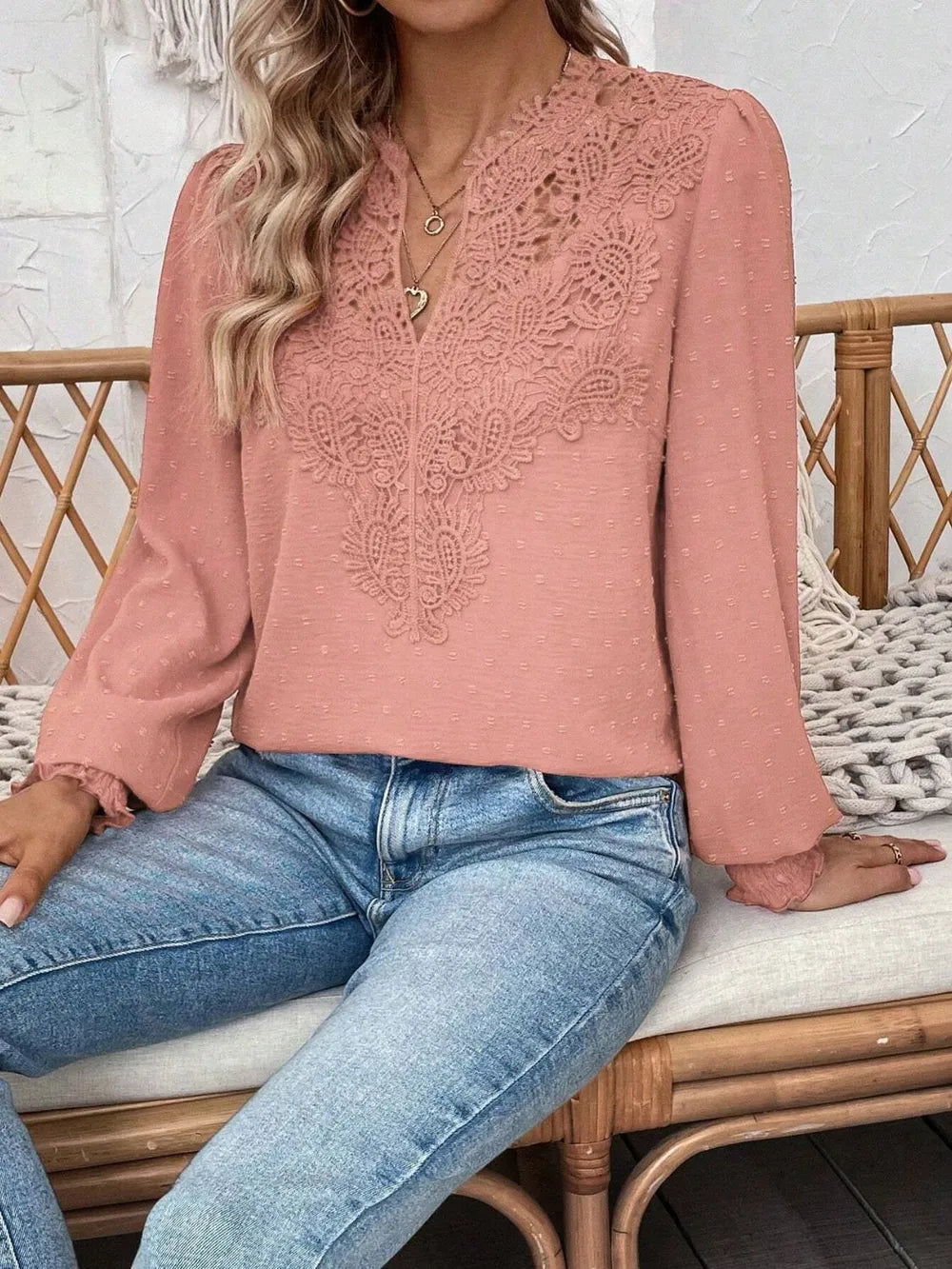 Swiss Dot Lace Detail Notched Long Sleeve Blouse - Treasured Gift's & More