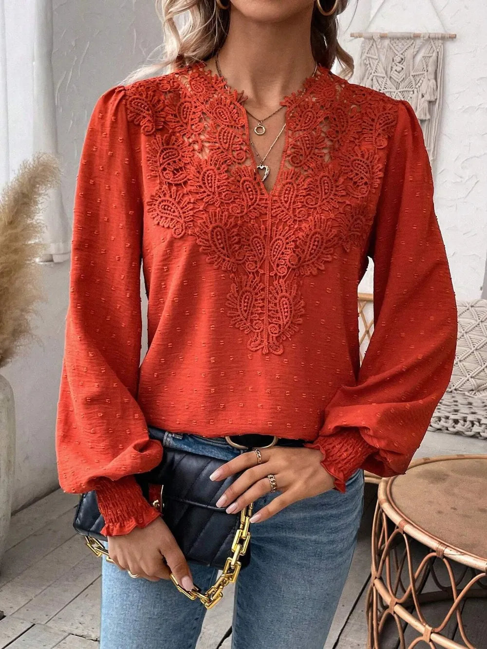 Swiss Dot Lace Detail Notched Long Sleeve Blouse - Treasured Gift's & More