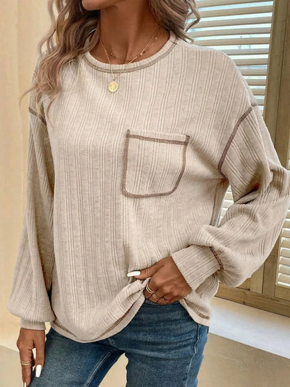 Mandy Contrast Stitching Round Neck Long Sleeve T-Shirt - Treasured Gift's & More