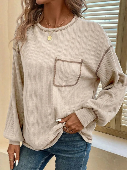 Mandy Contrast Stitching Round Neck Long Sleeve T-Shirt - Treasured Gift's & More