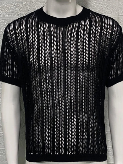 Men's Openwork Round Neck Knit T-Shirt - Treasured Gift's & More