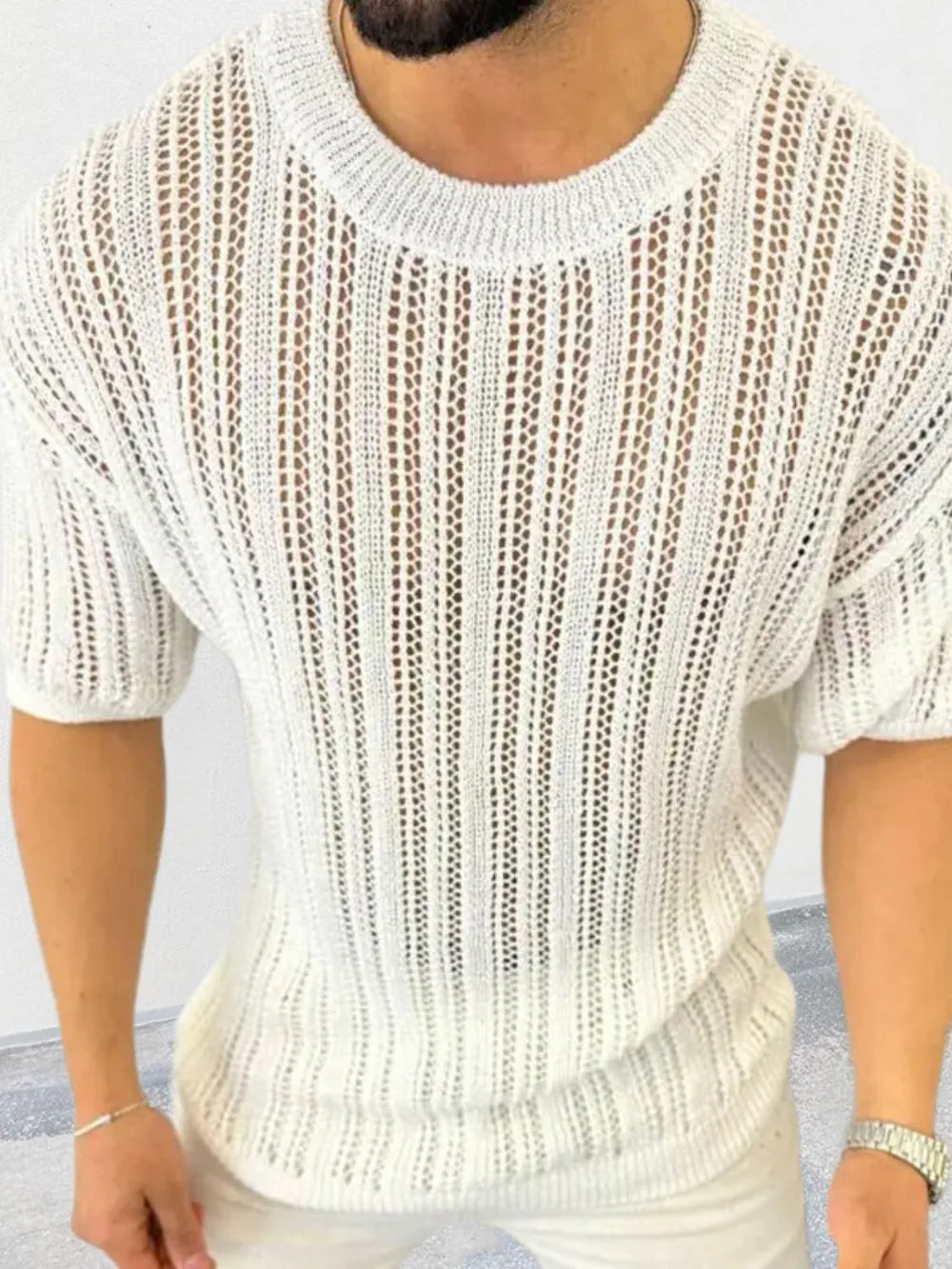 Men's Openwork Round Neck Knit T-Shirt - Treasured Gift's & More