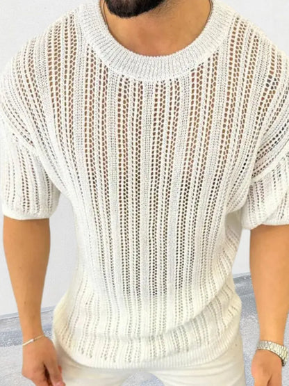 Men's Openwork Round Neck Knit T-Shirt - Treasured Gift's & More