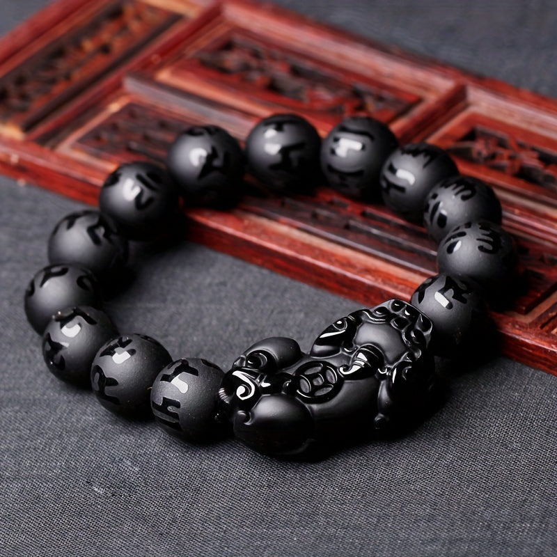 Obsidian Pixiu Six Word Motto Bracelet