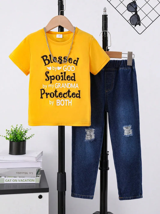 Children's Round Neck Letter Graphic T-Shirt and Distressed Jeans Set - Treasured Gift's & More