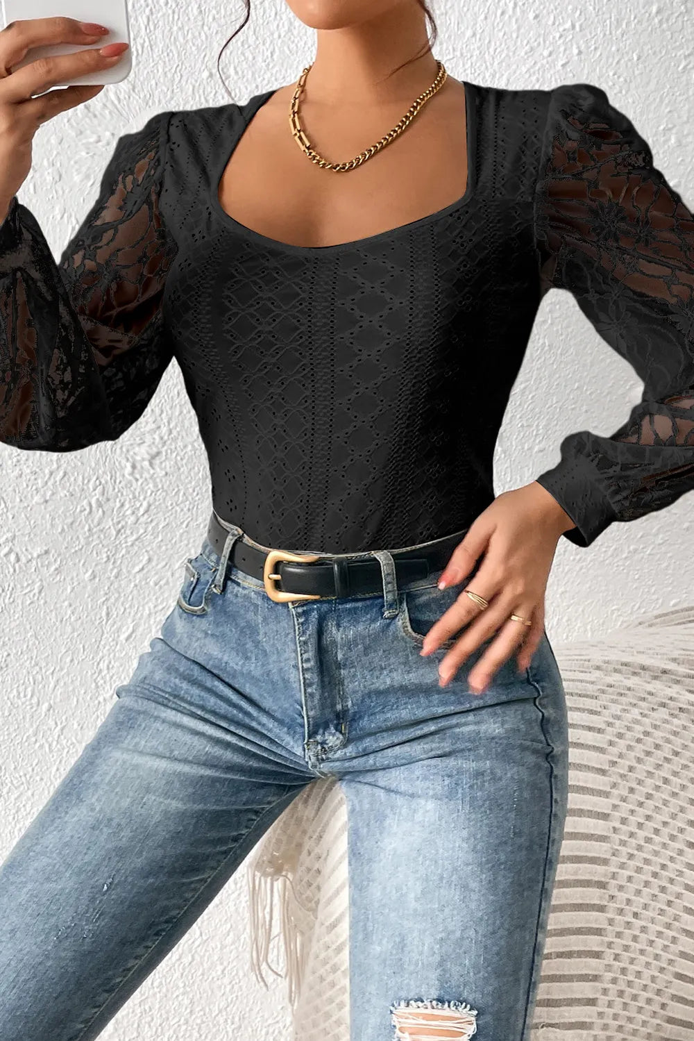 Eyelet Lace Long Sleeve Bodysuit - Treasured Gift's & More