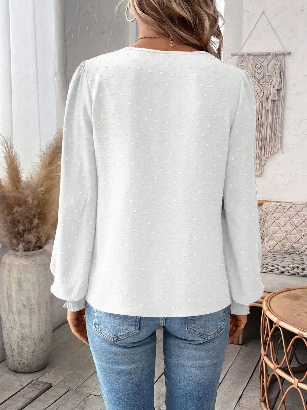 Swiss Dot Lace Detail Notched Long Sleeve Blouse - Treasured Gift's & More
