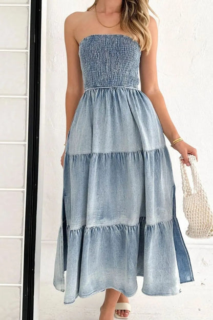 Smocked Tube Slit Tiered Denim Dress - Treasured Gift's & More