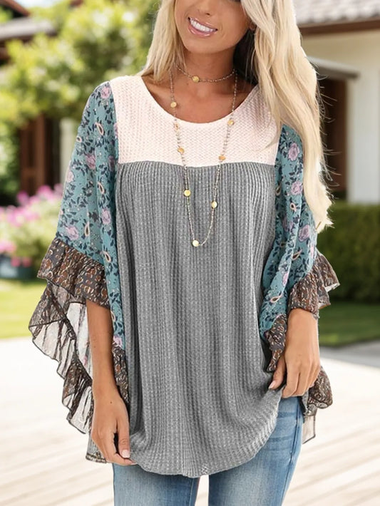 Full Size Printed Round Neck Three-Quarter Sleeve Blouse - Treasured Gift's & More