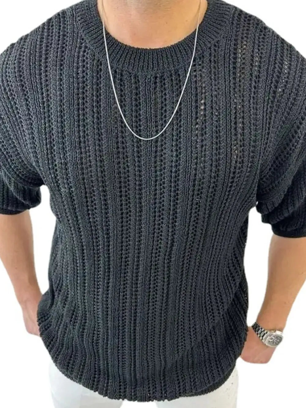 Men's Openwork Round Neck Knit T-Shirt - Treasured Gift's & More