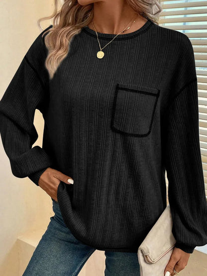 Mandy Contrast Stitching Round Neck Long Sleeve T-Shirt - Treasured Gift's & More