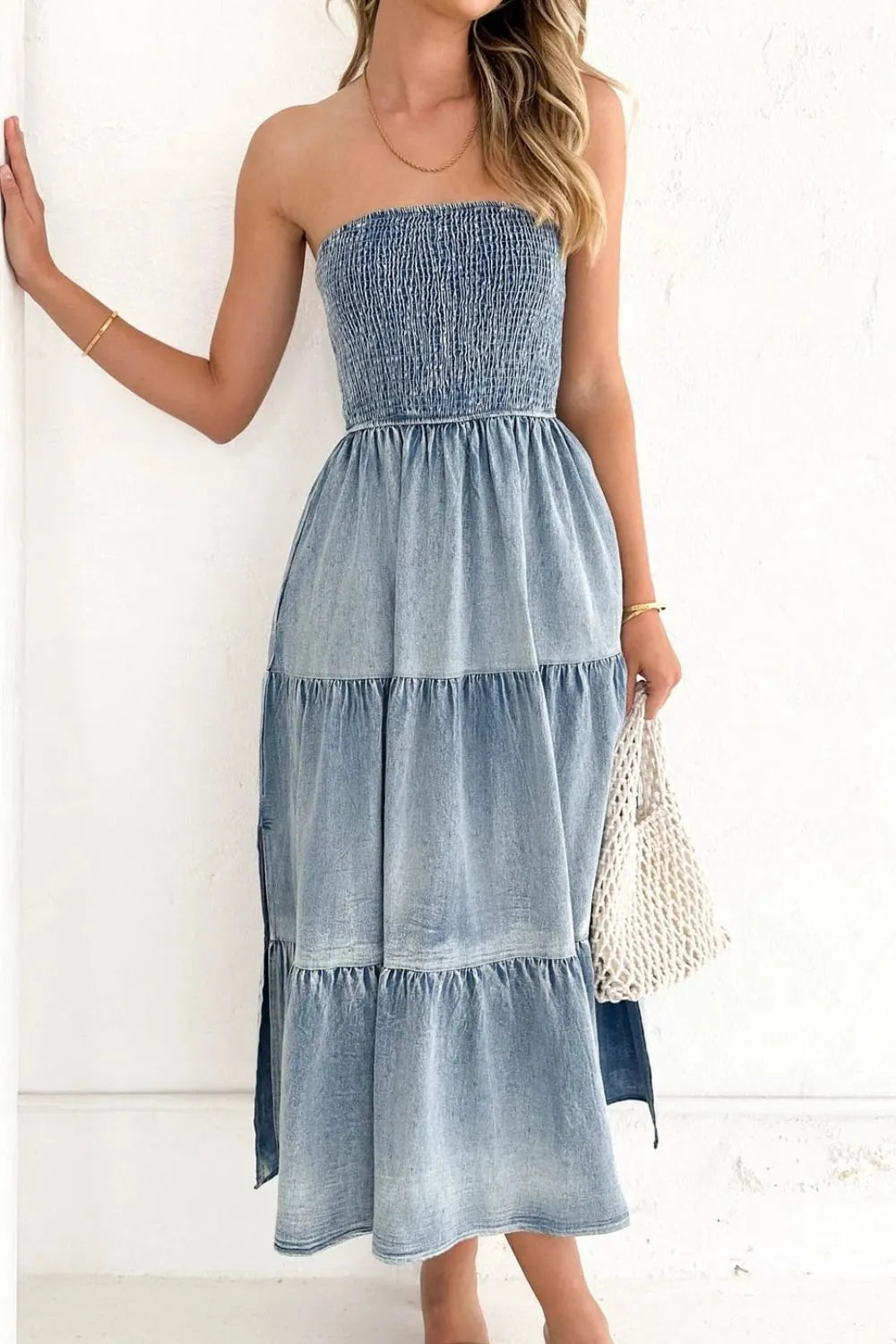 Smocked Tube Slit Tiered Denim Dress - Treasured Gift's & More
