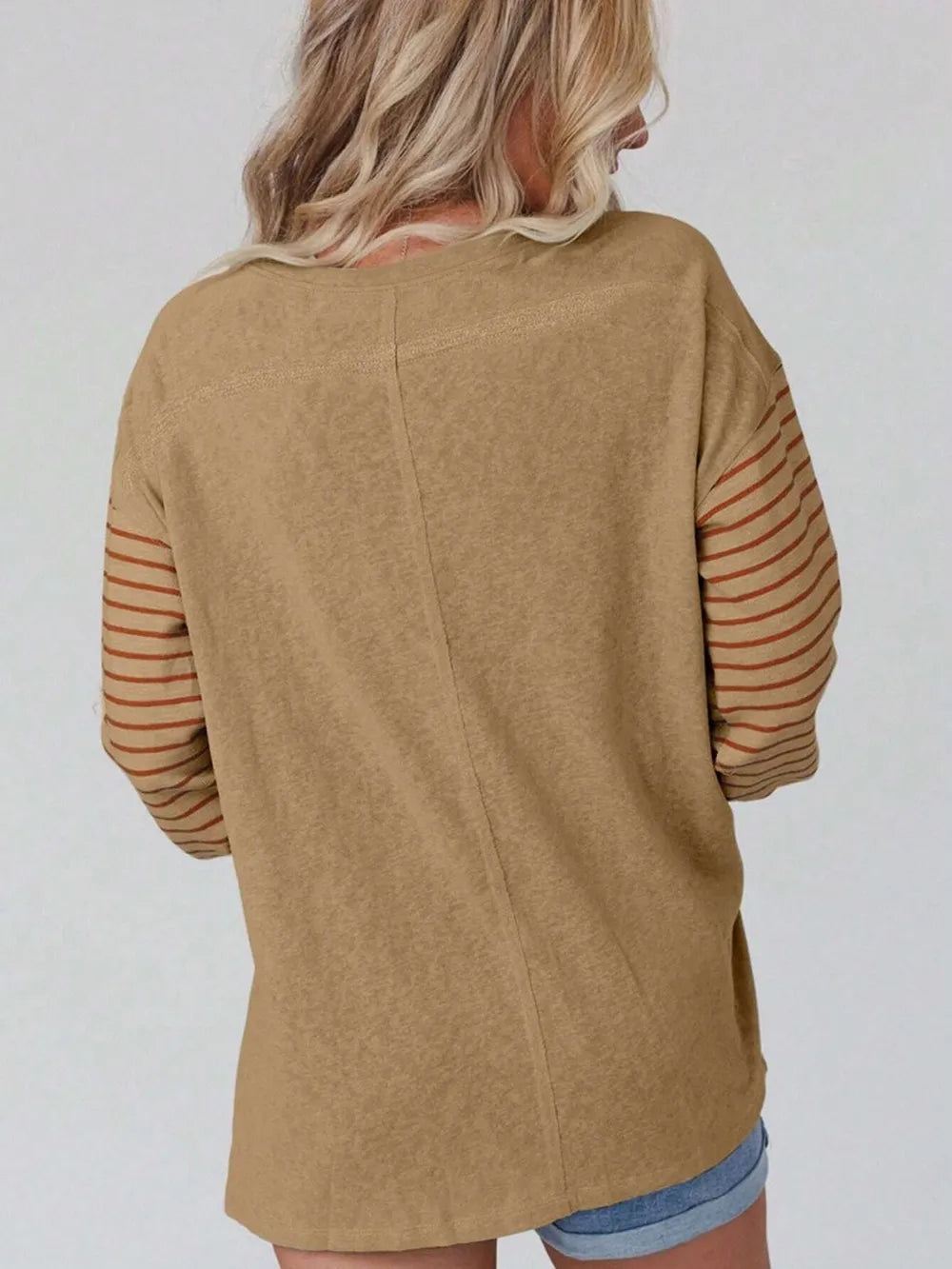 Round Neck Striped Long Sleeve Slit T-Shirt - Treasured Gift's & More
