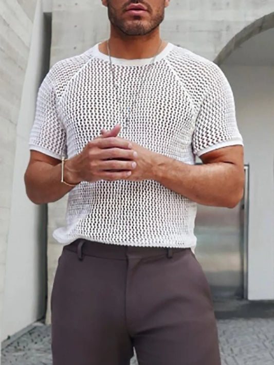 Men's Openwork Round Neck Short Sleeve T-Shirt - Treasured Gift's & More