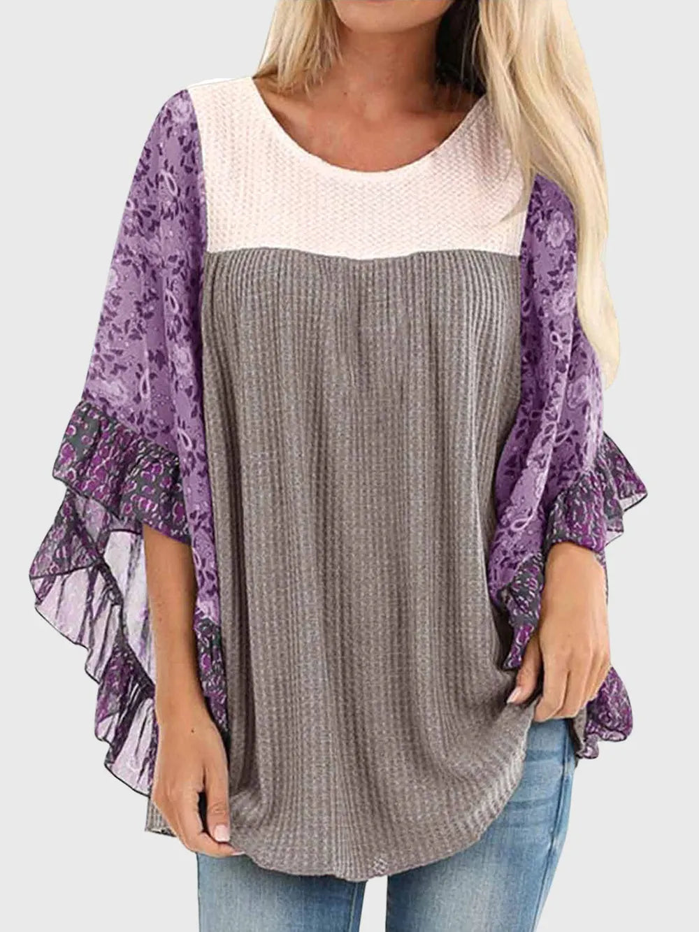 Full Size Printed Round Neck Three-Quarter Sleeve Blouse - Treasured Gift's & More