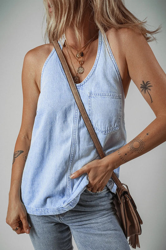 Backless Halter Neck Denim Top - Treasured Gift's & More