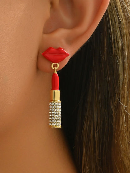 Stainless Steel Resin Lips Lipstick Rhinestone Earrings - Treasured Gift's & More