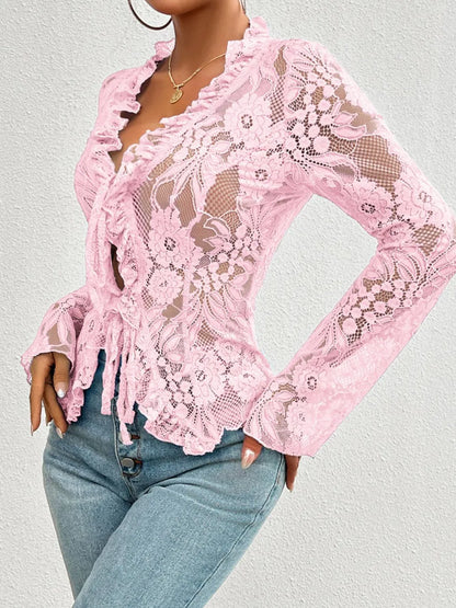 Tied V-Neck Long Sleeve Lace Top - Treasured Gift's & More
