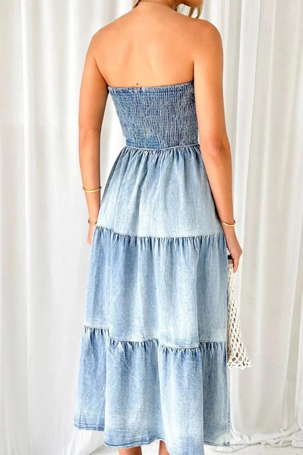 Smocked Tube Slit Tiered Denim Dress - Treasured Gift's & More