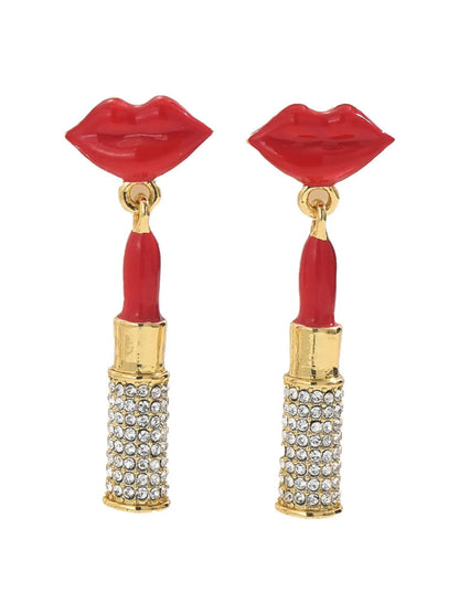 Stainless Steel Resin Lips Lipstick Rhinestone Earrings - Treasured Gift's & More
