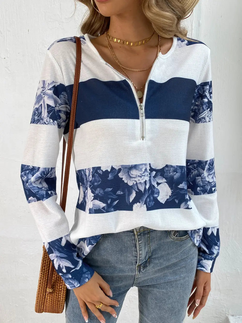 Shiny Printed Half Zip Long Sleeve T-Shirt - Treasured Gift's & More