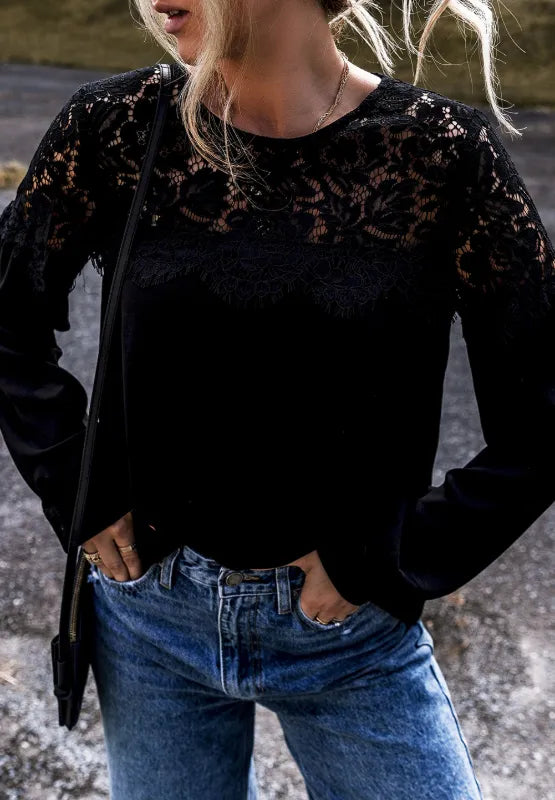 Lace Detail Round Neck Long Sleeve Blouse - Treasured Gift's & More