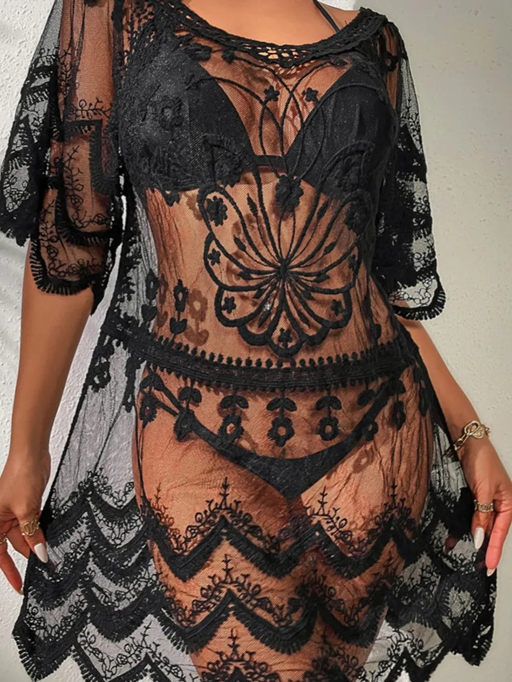 Lace Round Neck Half Sleeve Cover-Up - Treasured Gift's & More