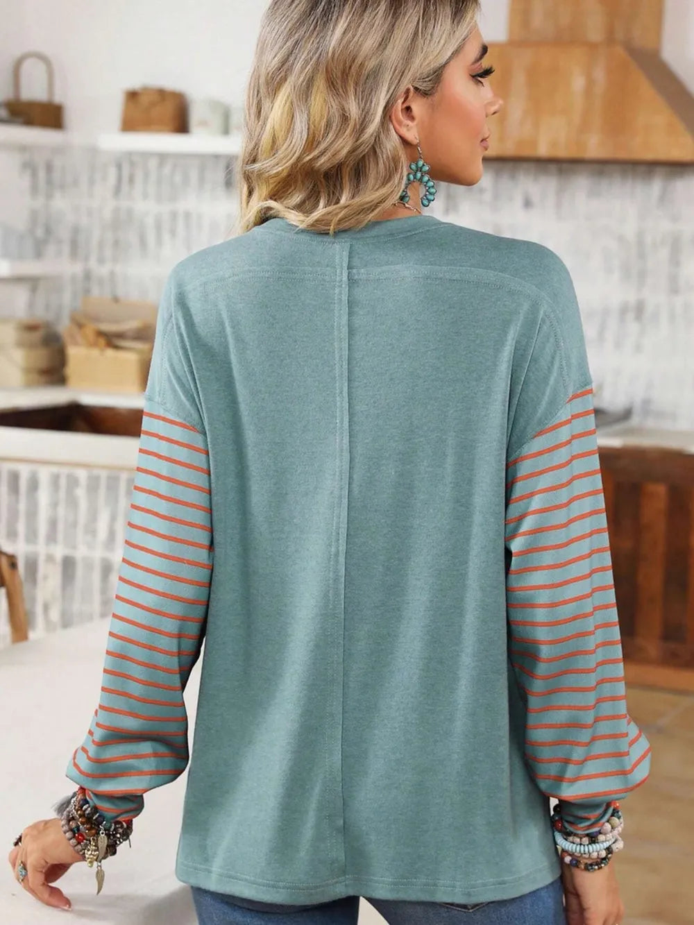 Round Neck Striped Long Sleeve Slit T-Shirt - Treasured Gift's & More