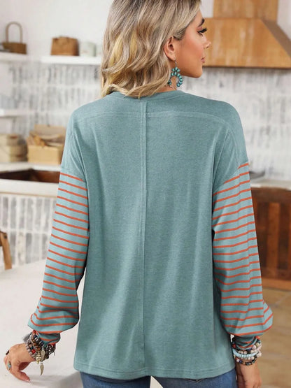 Round Neck Striped Long Sleeve Slit T-Shirt - Treasured Gift's & More