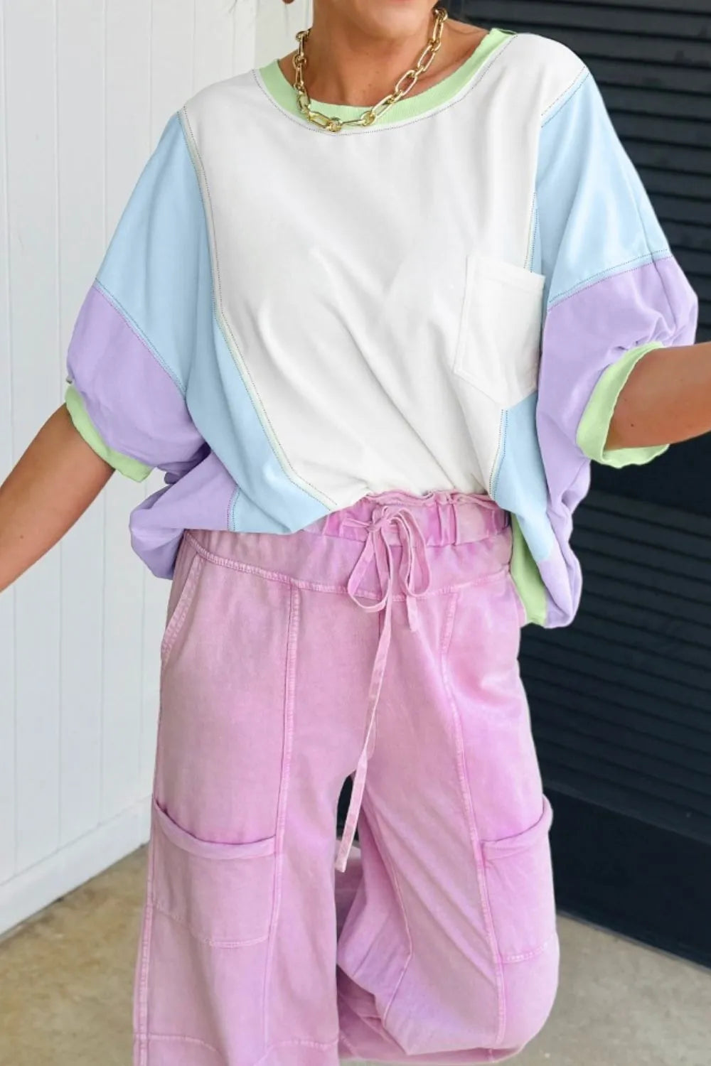Color Block Patchwork Half Sleeve Oversized T Shirt - Treasured Gift's & More