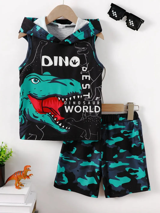 Children's Dinosaur Sleeveless Hooded Top and Pants Set - Treasured Gift's & More