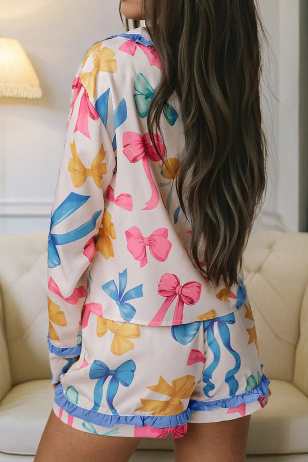 Bow Print Collared Neck Top and Shorts Lounge Set - Treasured Gift's & More