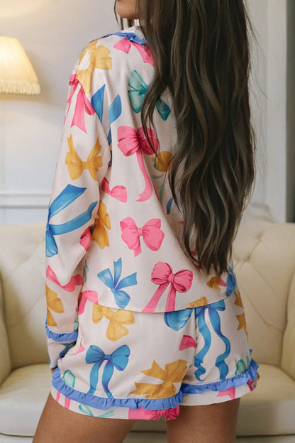 Bow Print Collared Neck Top and Shorts Lounge Set - Treasured Gift's & More