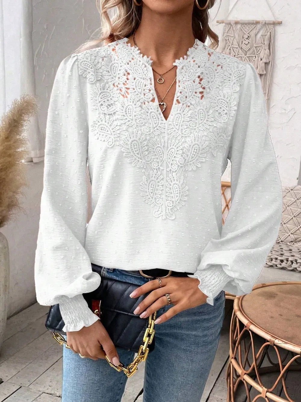 Swiss Dot Lace Detail Notched Long Sleeve Blouse - Treasured Gift's & More