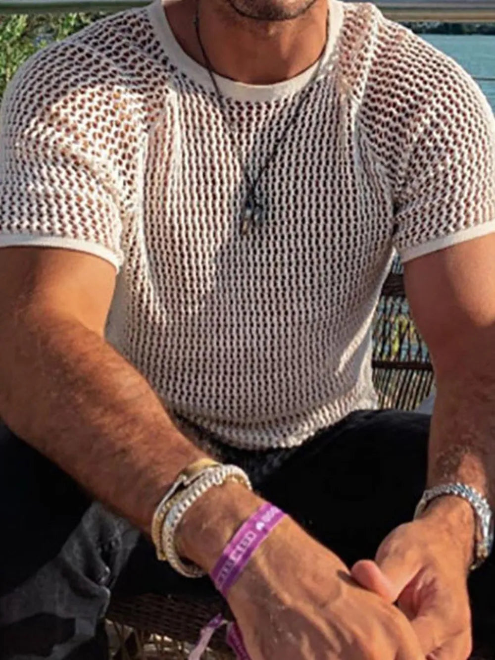 Men's Openwork Round Neck Short Sleeve T-Shirt - Treasured Gift's & More