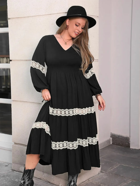 Plus Size Lace Detail V-Neck Long Sleeve Midi Dress - Treasured Gift's & More
