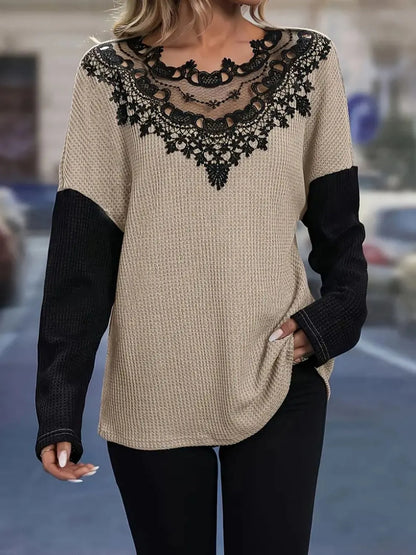 Contrast Lace Round Neck Long Sleeve T-Shirt - Treasured Gift's & More