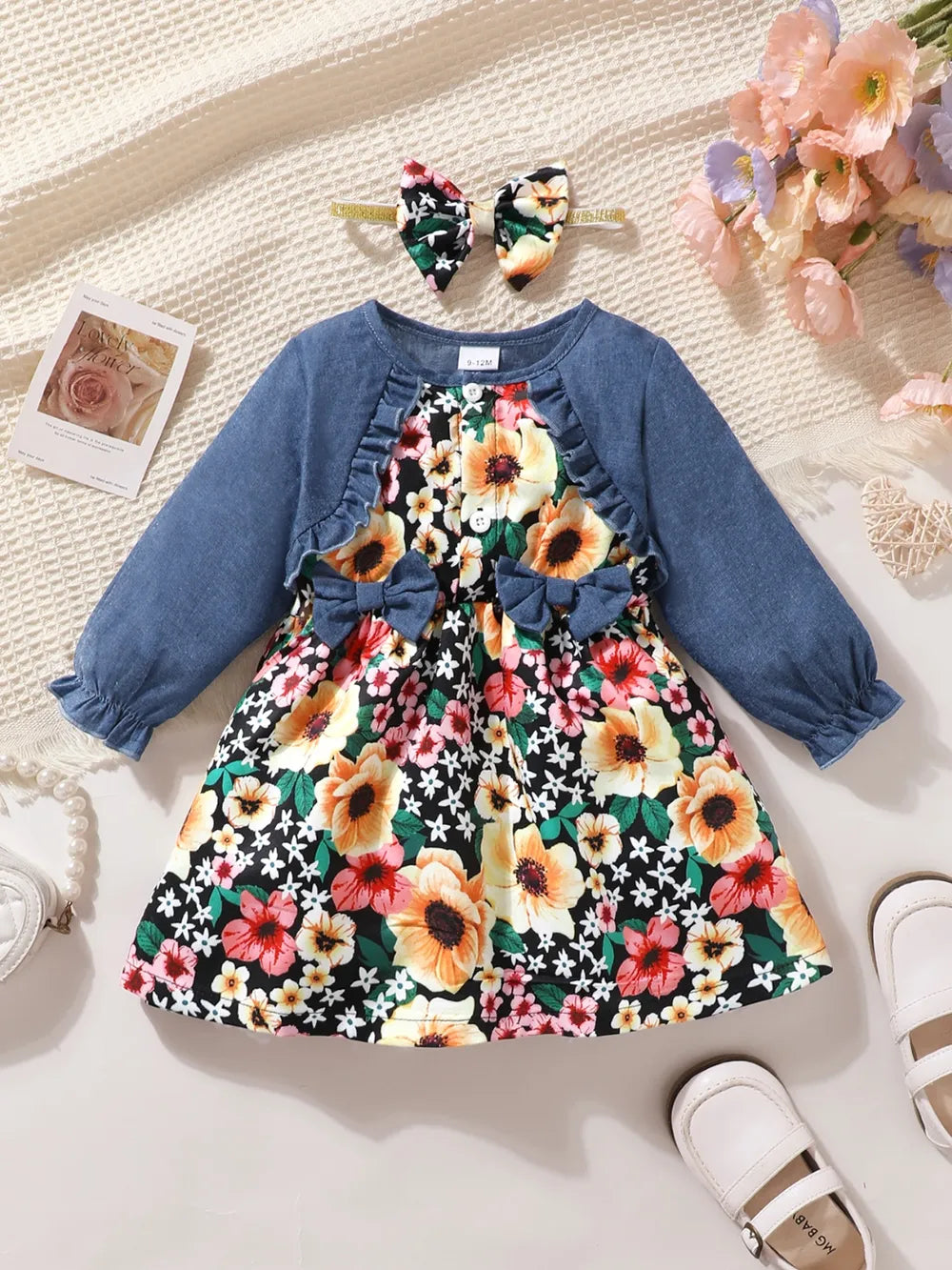 Children's Ruffled Bow Contrast Floral Dress with Headband - Treasured Gift's & More