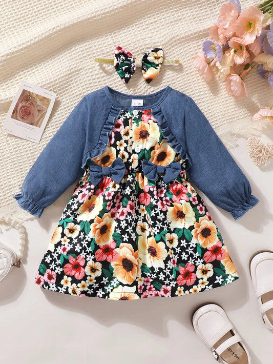 Children's Ruffled Bow Contrast Floral Dress with Headband - Treasured Gift's & More