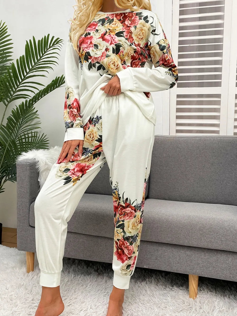Shiny Printed Round Neck Top and Pants Lounge Set - Treasured Gift's & More