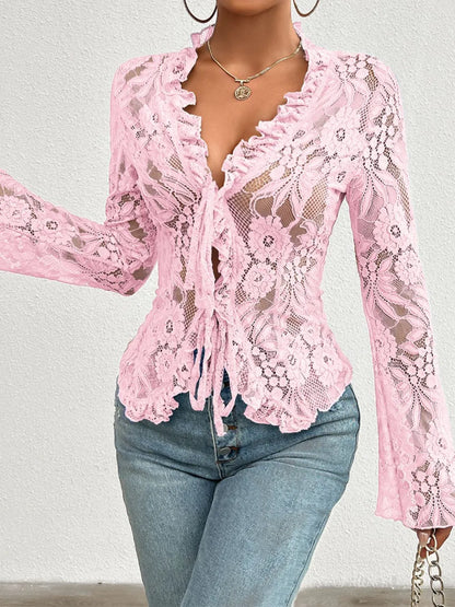 Tied V-Neck Long Sleeve Lace Top - Treasured Gift's & More