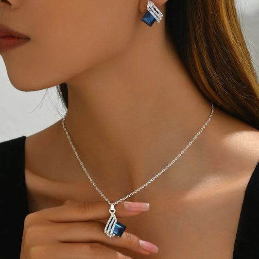 Stainless Steel Crystal Geometric Earrings and Necklace Jewelry Set - Treasured Gift's & More