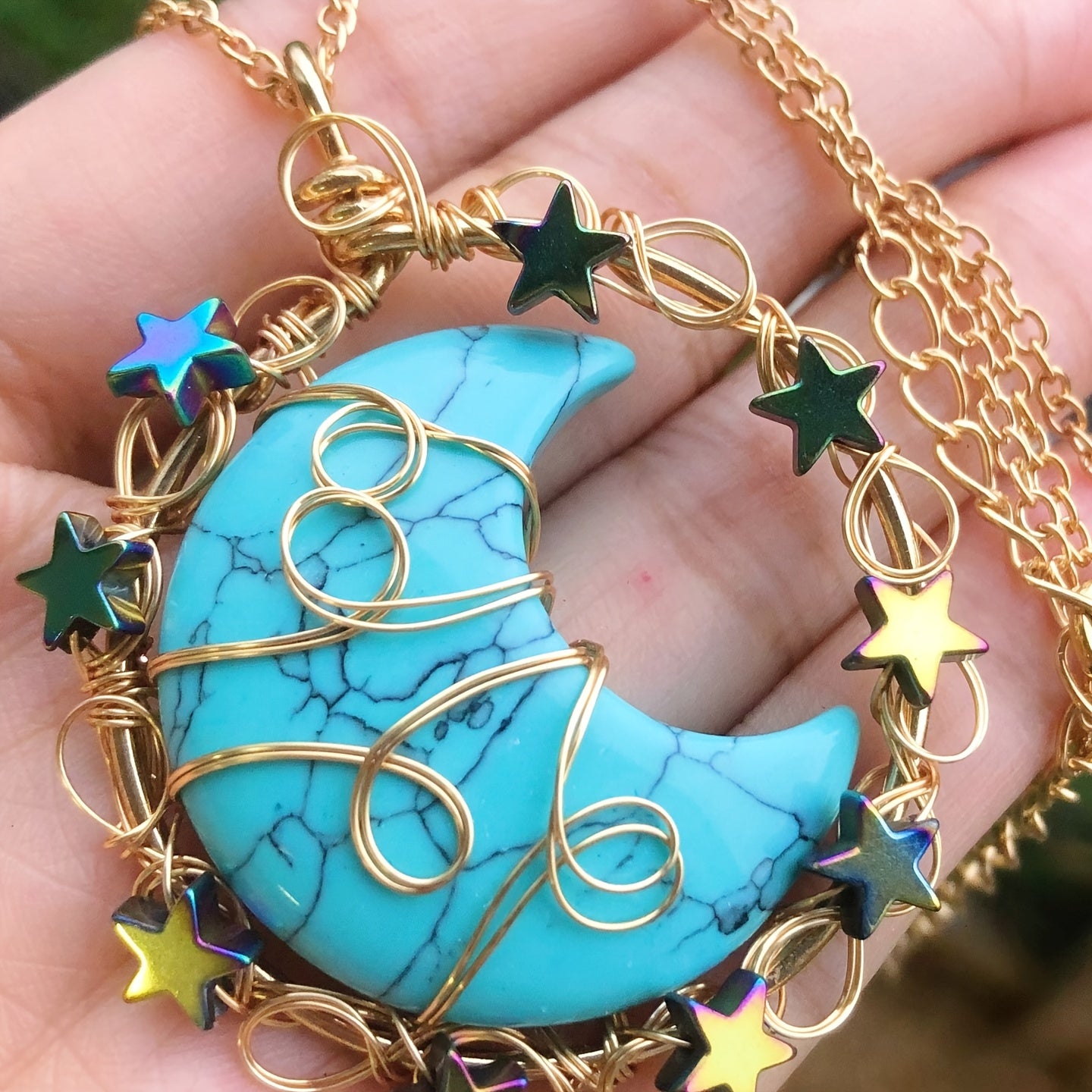 Natural Gems Stone Moon Star Crystal Pendant Necklace
